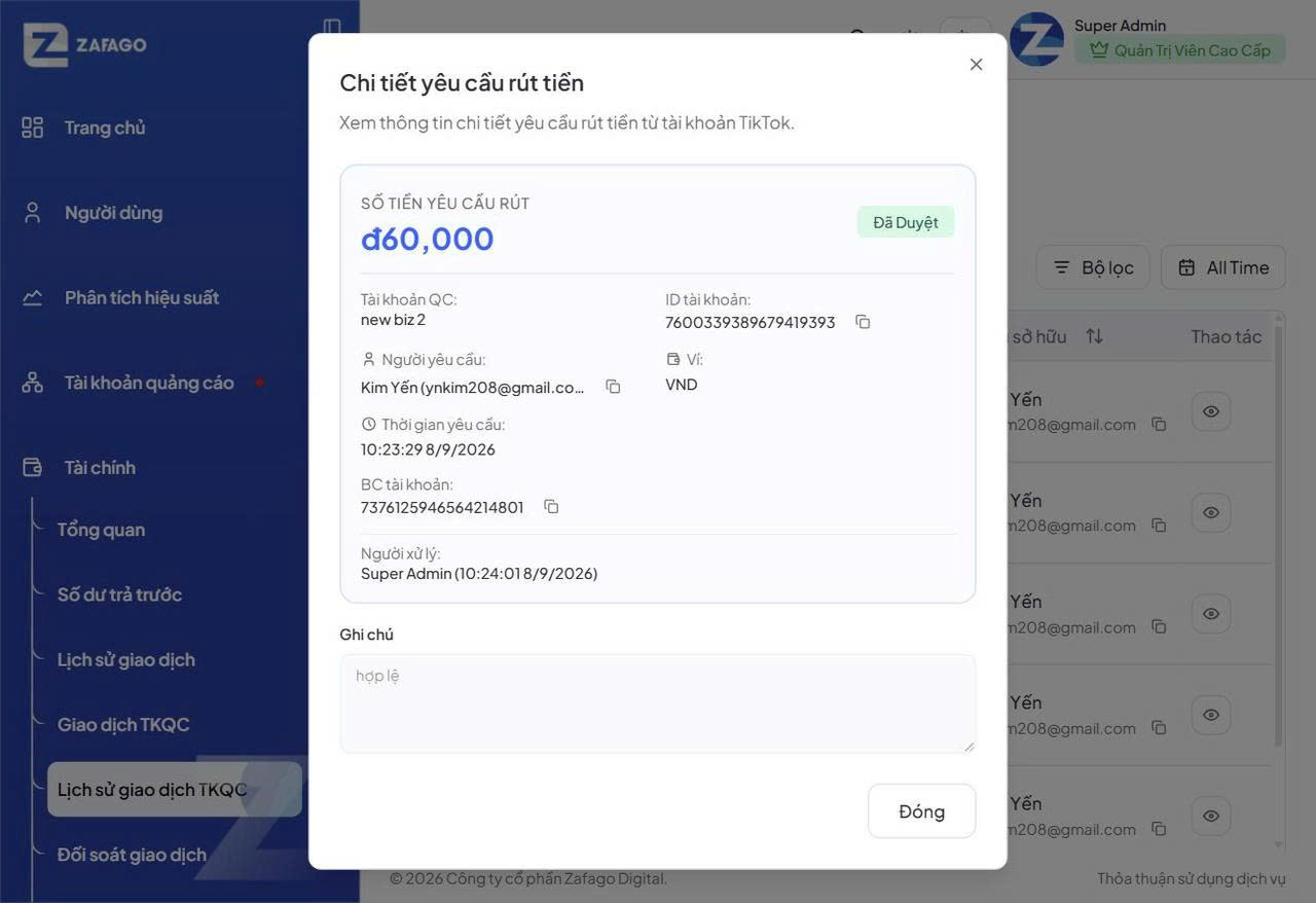 Hộp thoại Chi tiết yêu cầu rút tiền