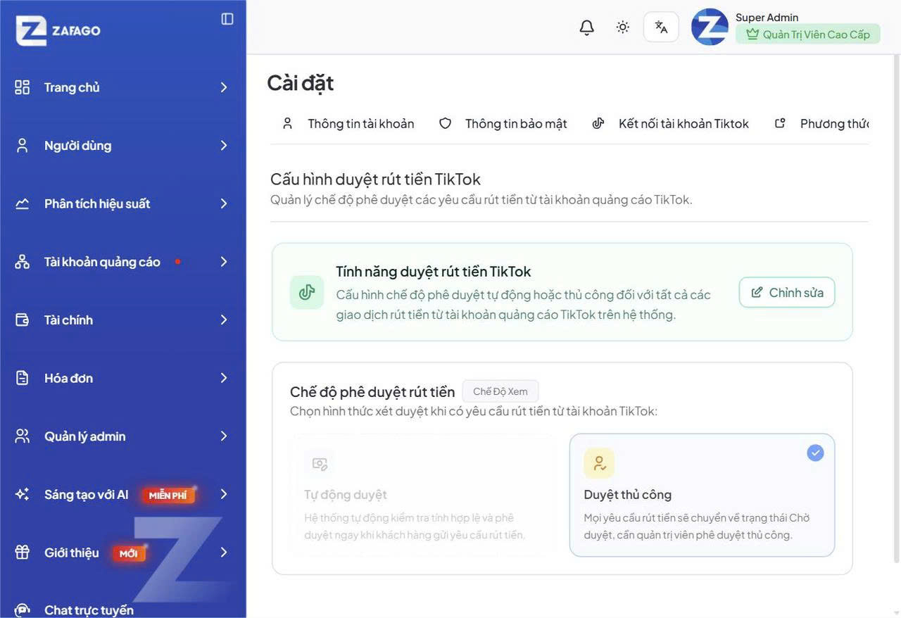 Trang Cài đặt — tab Cấu hình duyệt rút tiền TikTok