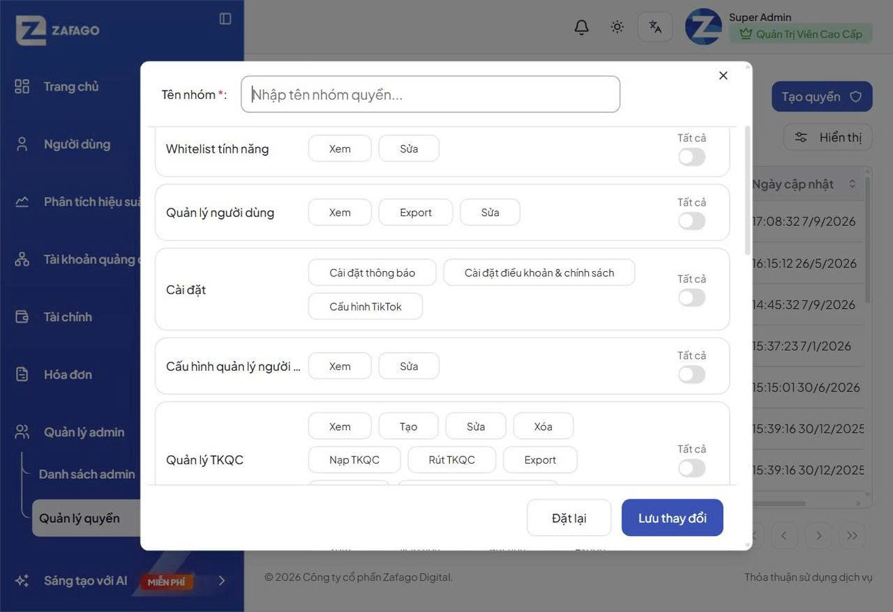 Nhóm quyền Cài đặt
