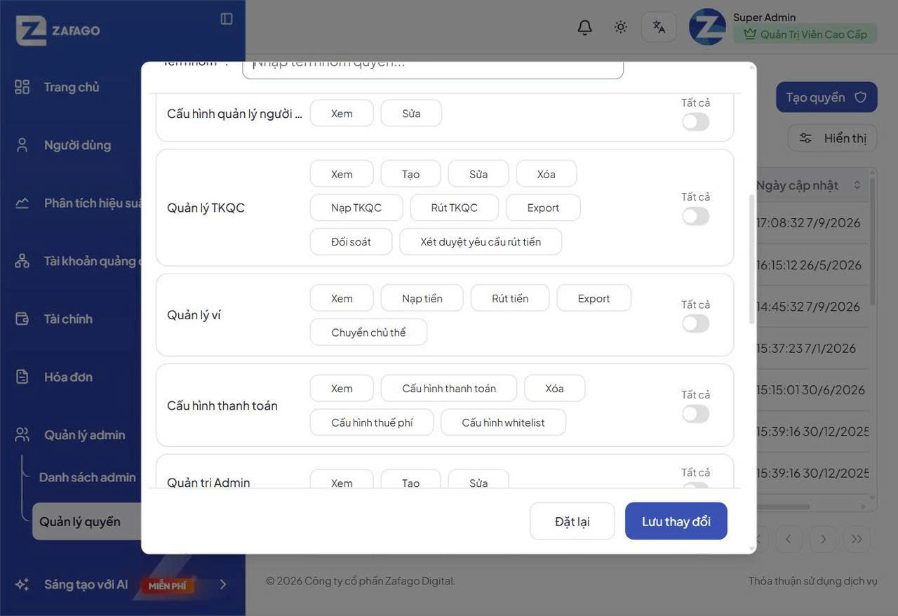 Nhóm quyền Quản lý TKQC